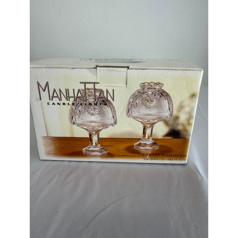 Manhattan Candle Lights Set of 2 Crystal Clear Glass Hurricane Lamps 14.5cm